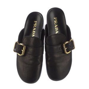 Prada Black Leather with Gold Buckle Mules-Slides Size EU 38 (US 8)